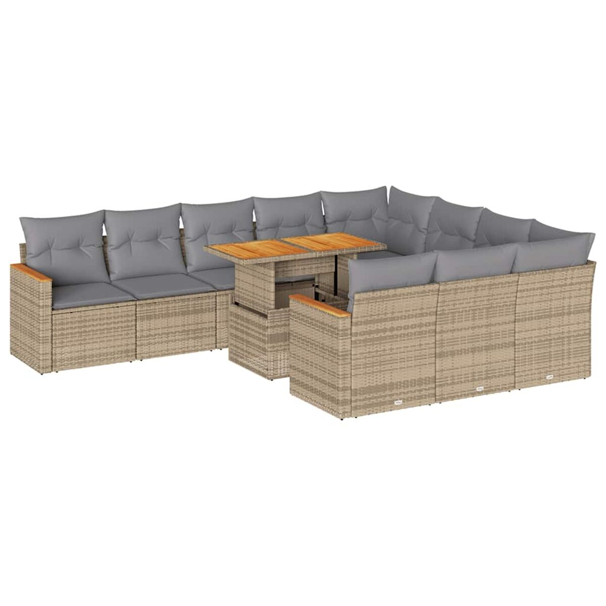 Set di mobili da esterno in rattan con dimensioni etichettate. Include tavolo e divani con cuscini.