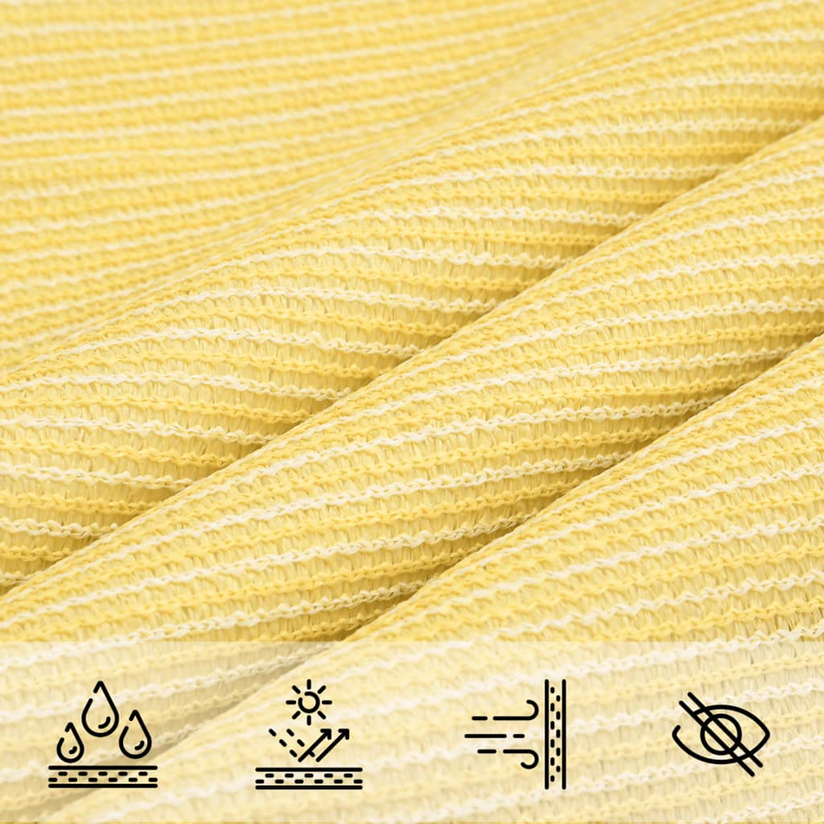 Gelber Stoff, Nahaufnahme. Zeigt Textur mit kleinen Löchern. Inklusive Symbole für wasserdicht, Sonnenschutz.