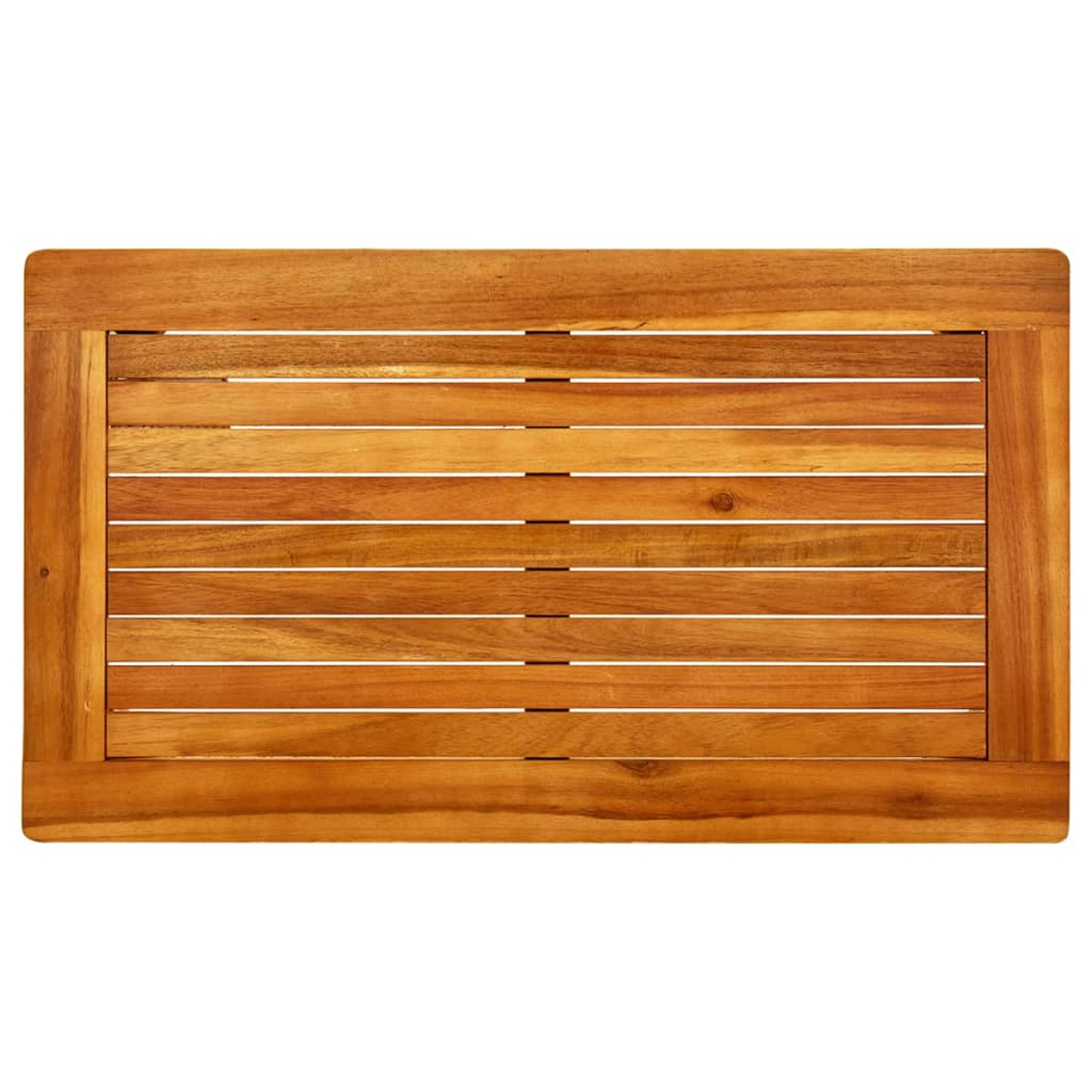Holztisch mit horizontalen Brettern, von oben betrachtet.