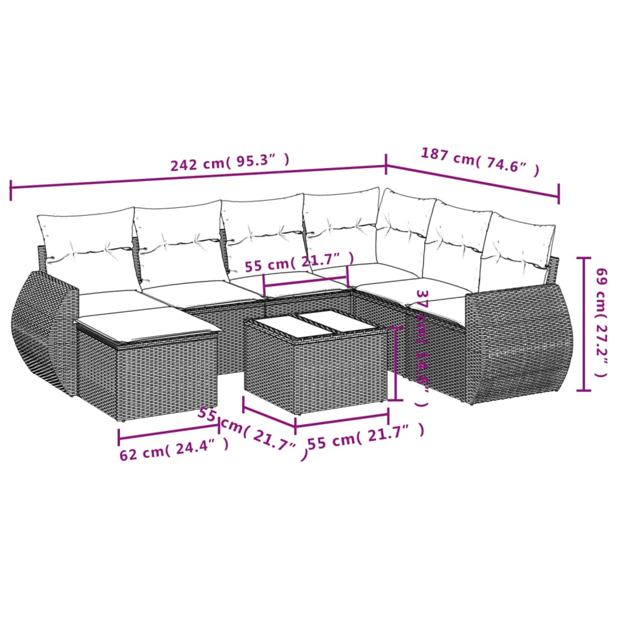 Outdoor-Sofa-Set aus Korbgeflecht mit Maßen. Enthält einen Tisch und Kissen.