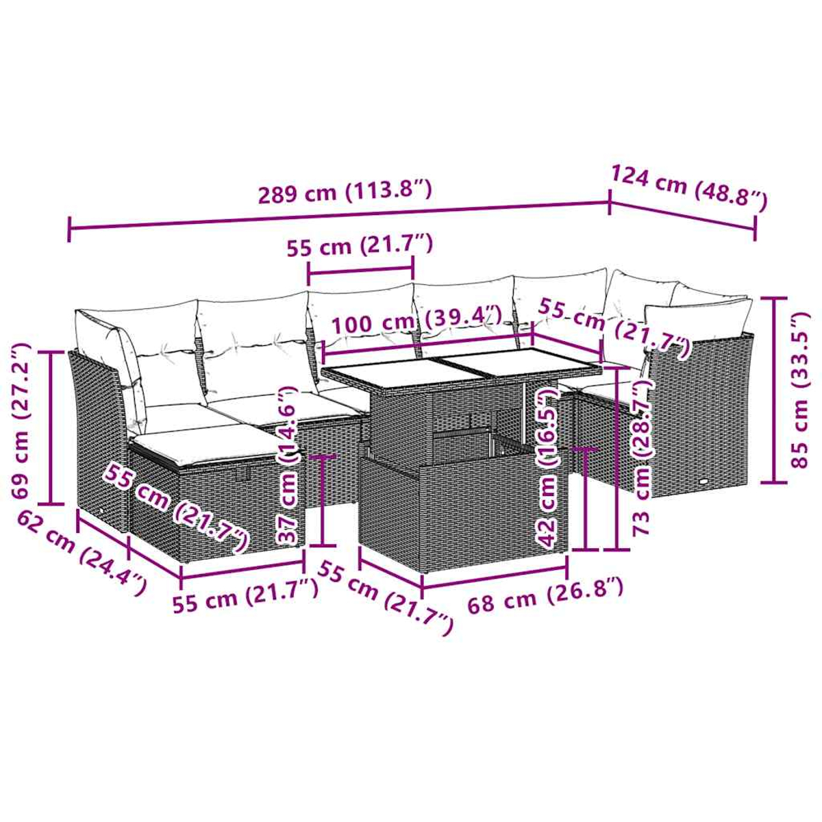 Set divano da esterno in vimini con dimensioni. Include un tavolo e cuscini.