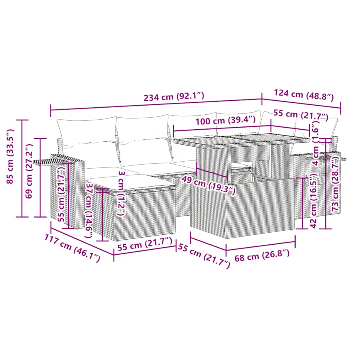 Rattan-Sofa-Set für den Außenbereich mit Maßen, Tisch, beige Kissen, detaillierte Maße.
