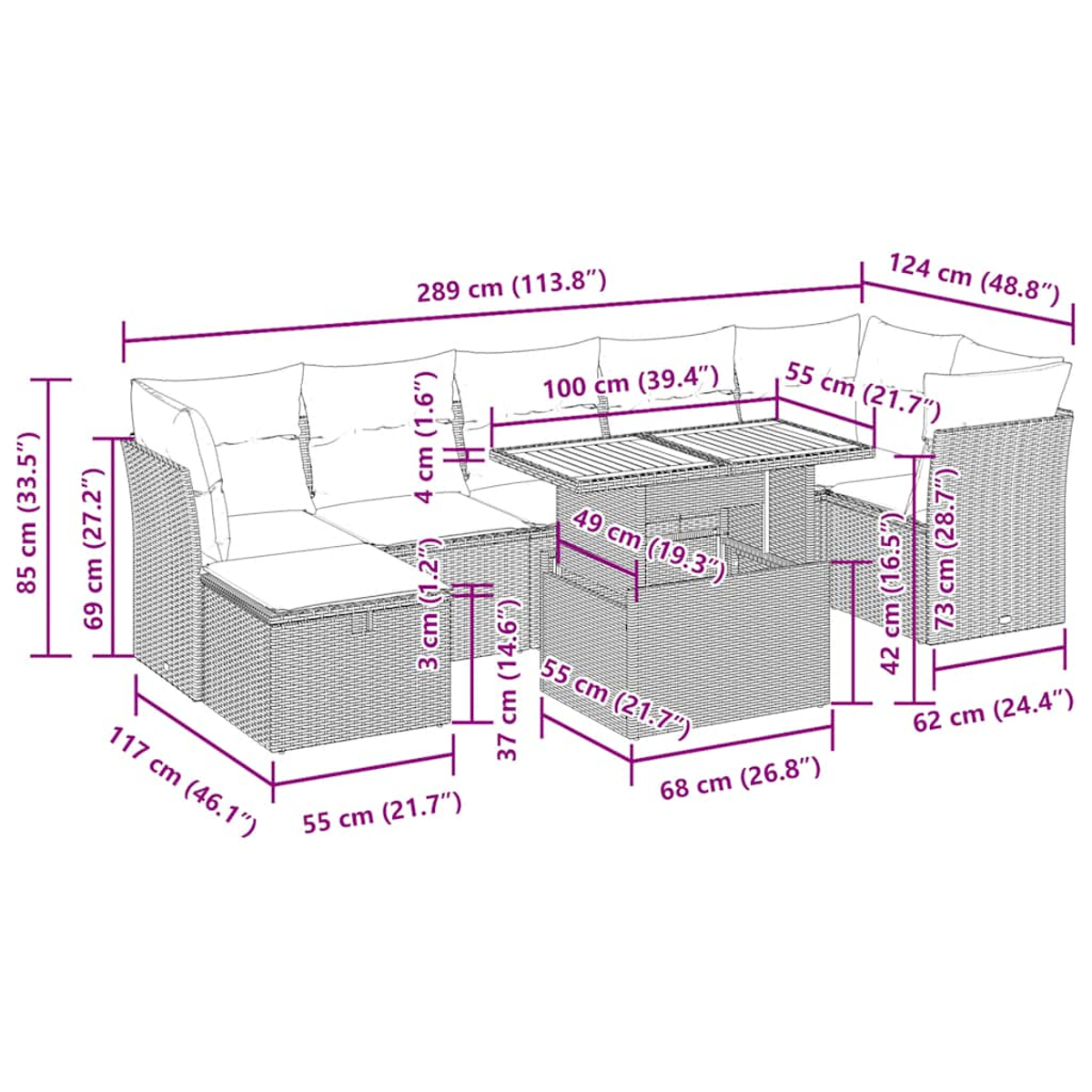 Diagramma di divano componibile da esterno con dimensioni in cm e pollici. Vimini beige, cuscini bianchi.