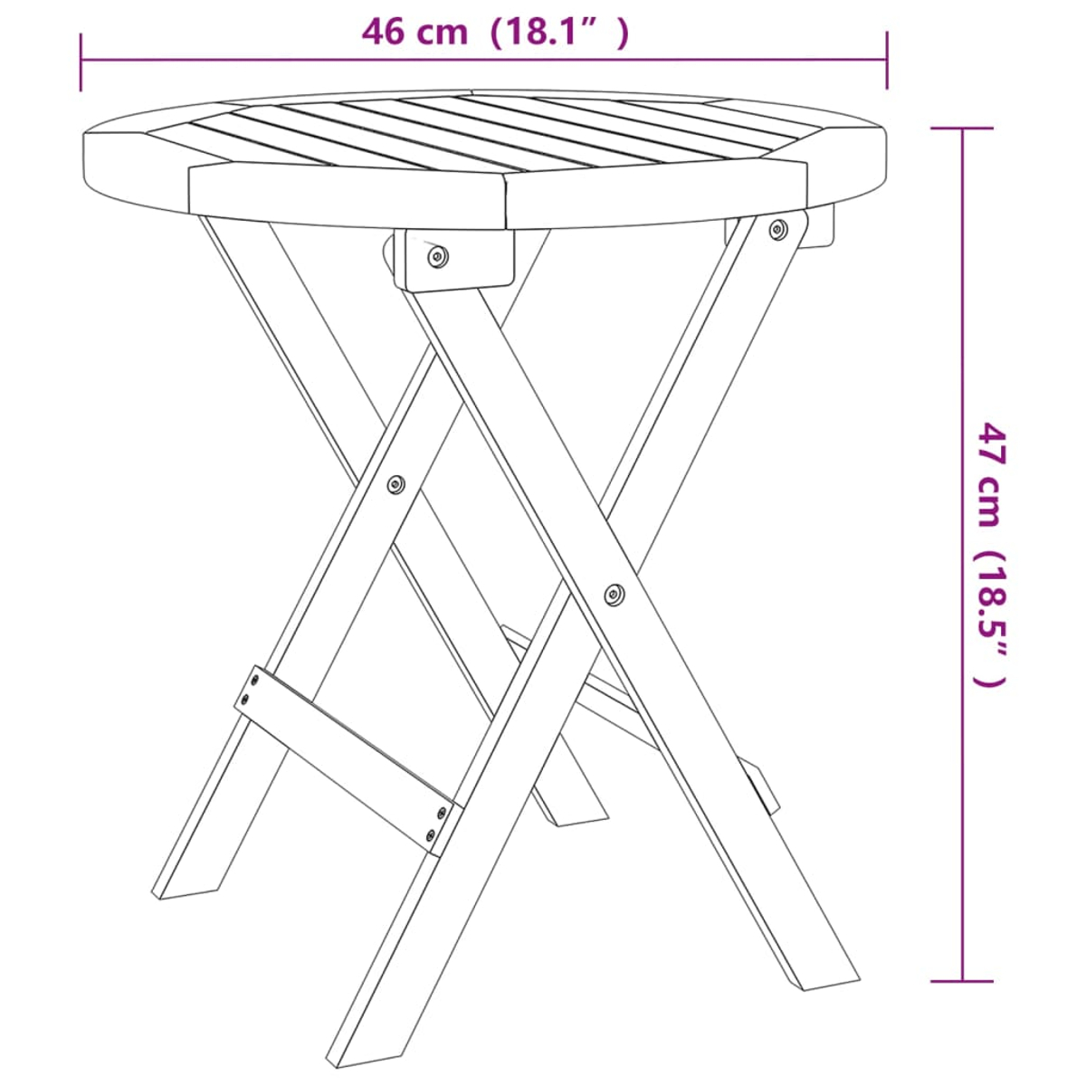 Klappbarer Beistelltisch aus Holz mit Maßangaben in cm und Zoll.
