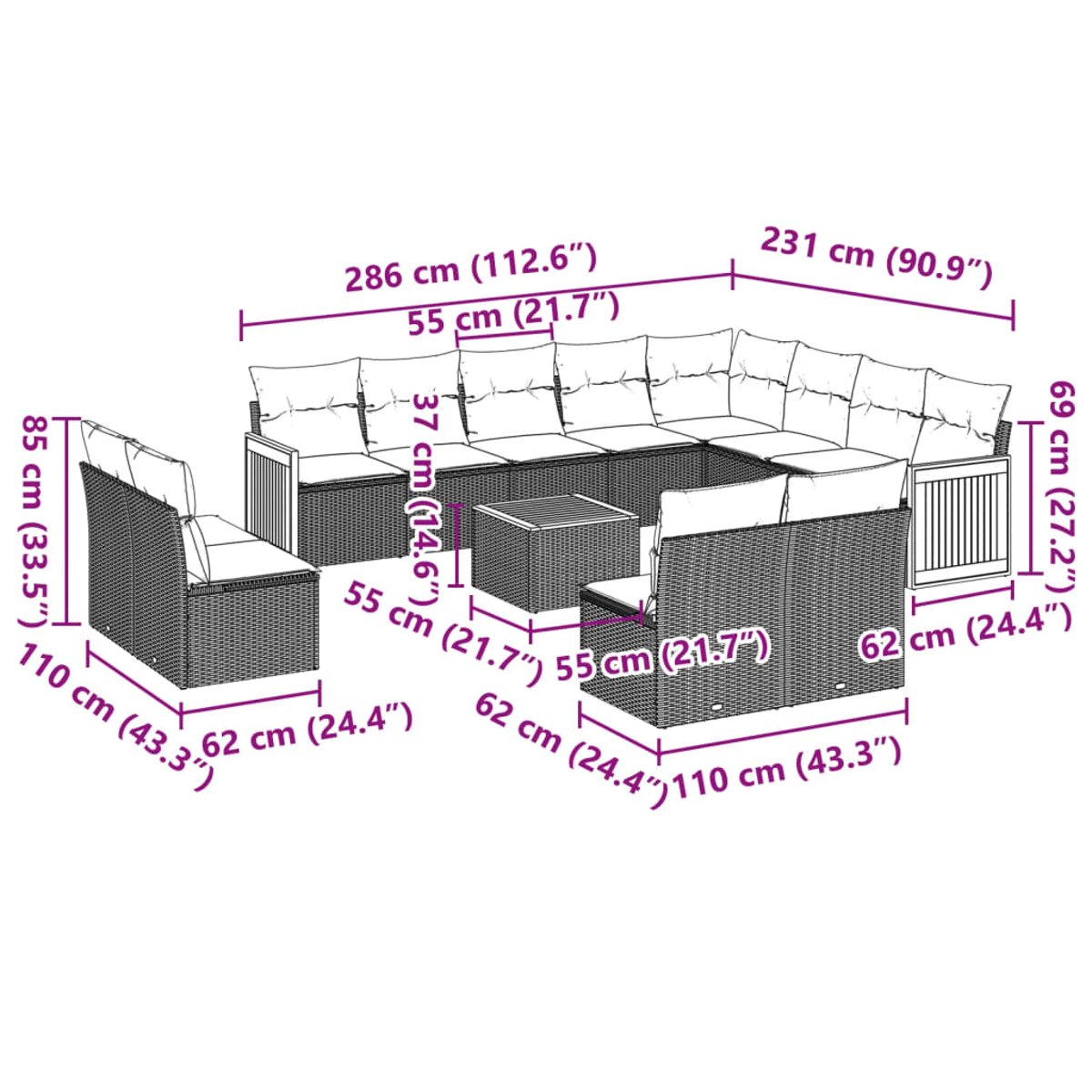 Diagramm eines großen Outdoor-Sofa-Sets aus Korbgeflecht mit Maßen in cm.