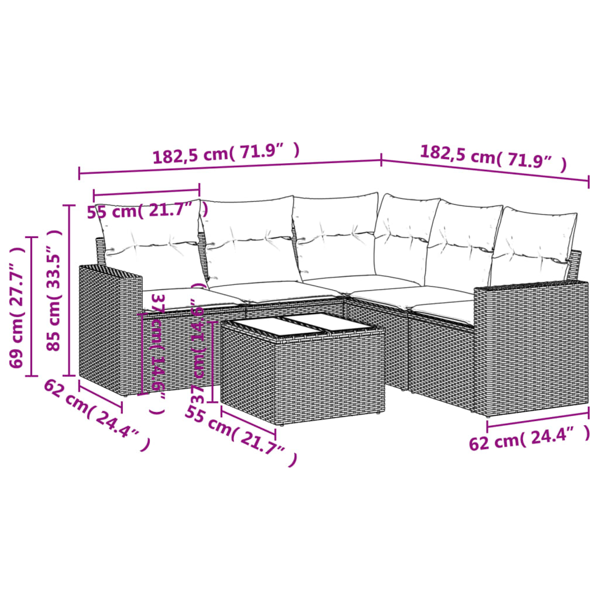Diagramma di un divano componibile da esterno con dimensioni in centimetri e pollici.