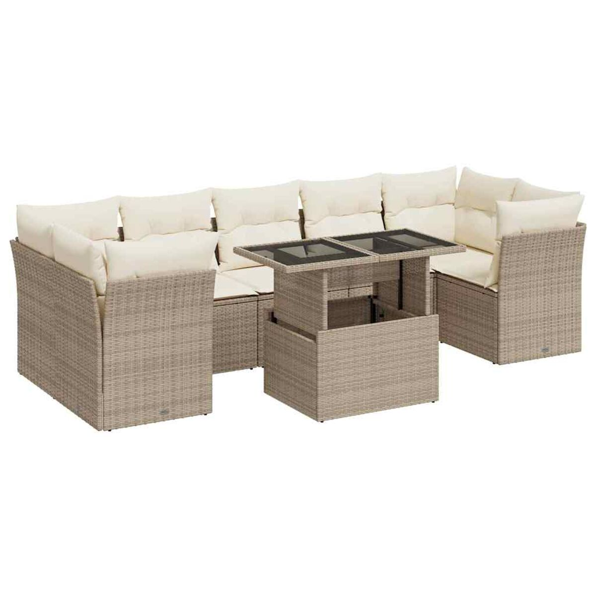 Set divano da esterno con tavolo elevabile, cuscini beige, per sedute all'aperto.