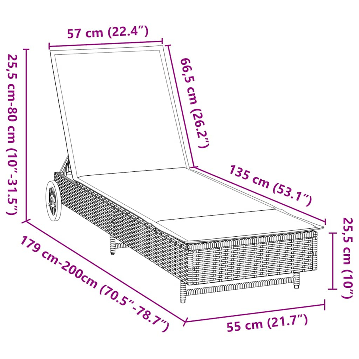 Una chaise longue bianca con base beige intrecciata. Le dimensioni sono indicate in centimetri.