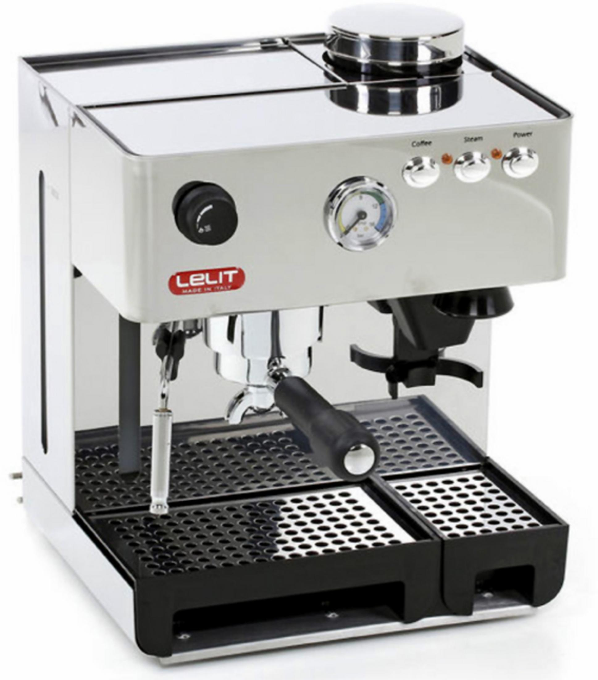 Espressomaschine aus Edelstahl mit schwarzen Details. Sie hat ein Manometer und eine schwarze Ablage.