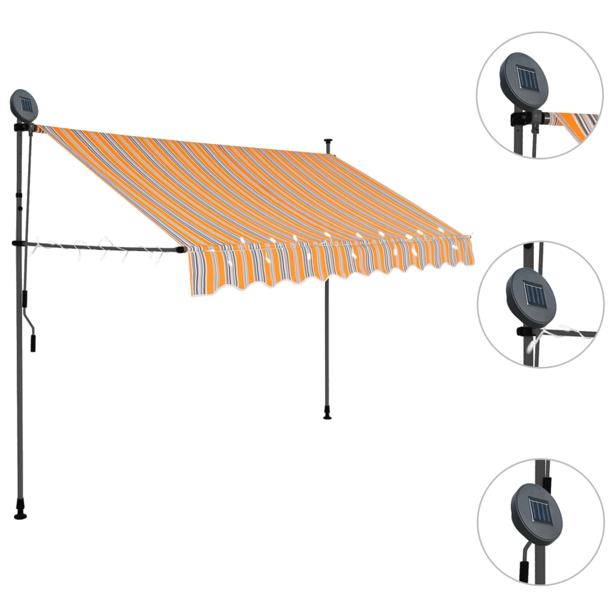 Eine gestreifte orange-weiße Terrassenmarkise mit Solarleuchten.