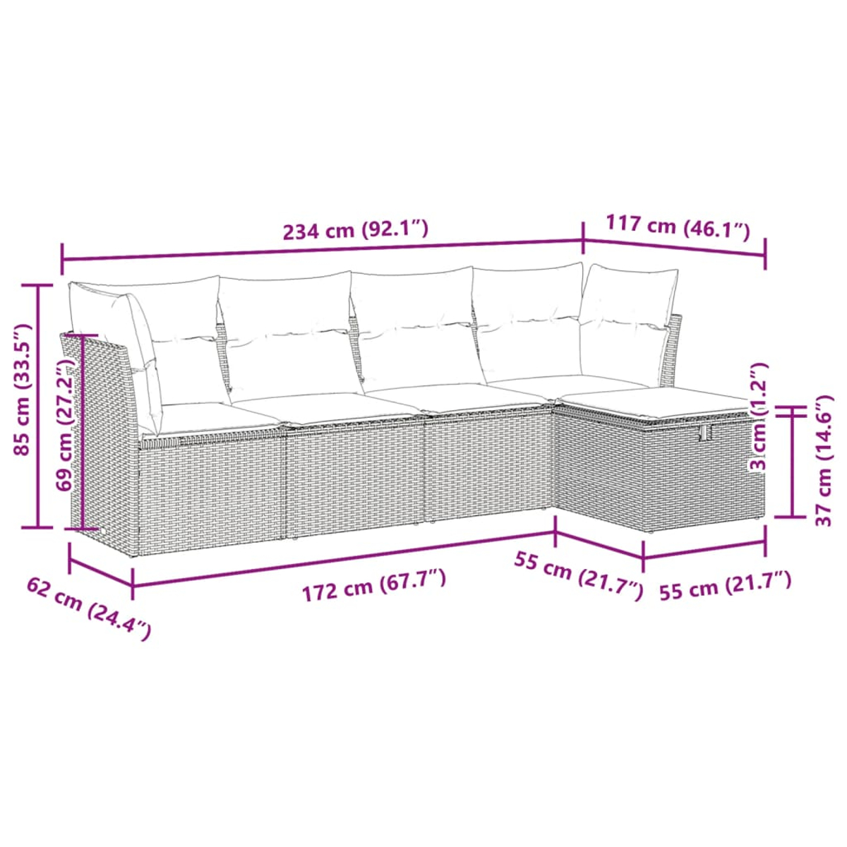 Ein geflochtenes Outdoor-Ecksofa mit Maßangaben. Es ist hellbraun mit weißen Kissen.