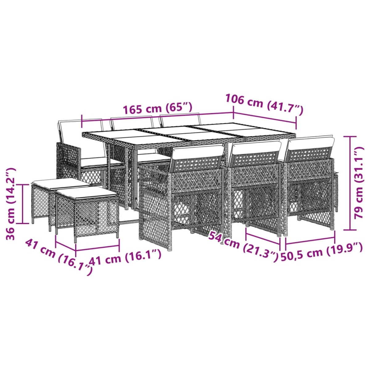 Diagramma di un set da pranzo per esterni con dimensioni. Tavolo e sedie.