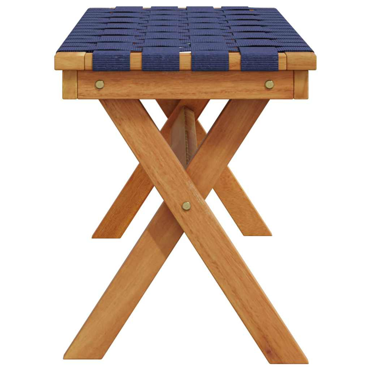 Sgabello pieghevole in legno con seduta blu intrecciata, design a gambe incrociate. Vista laterale.