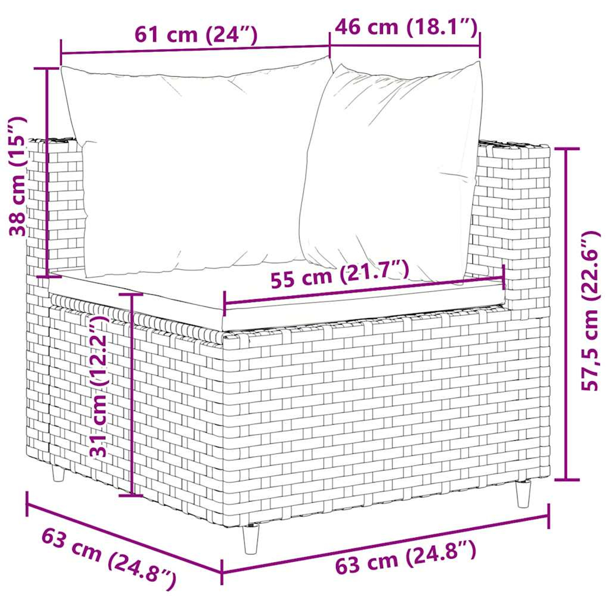 Diagramma di una singola sedia in vimini con misure in cm e pollici. La sedia ha un cuscino.