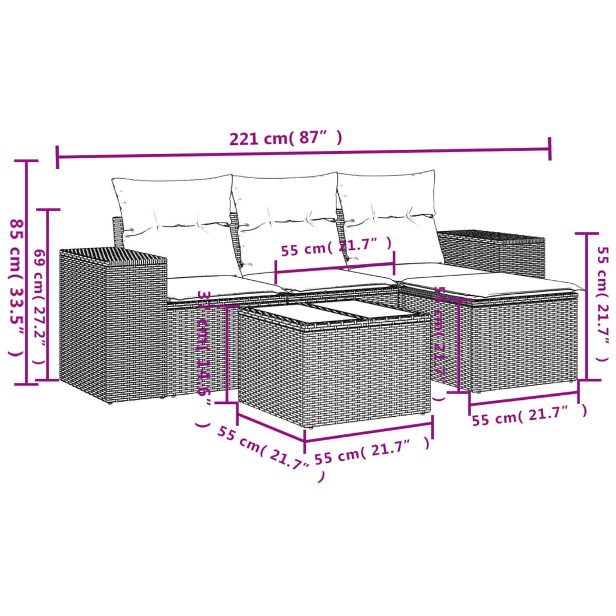 Rattan-Gartenmöbel-Set mit Maßen. Enthält Sofa und Tisch.