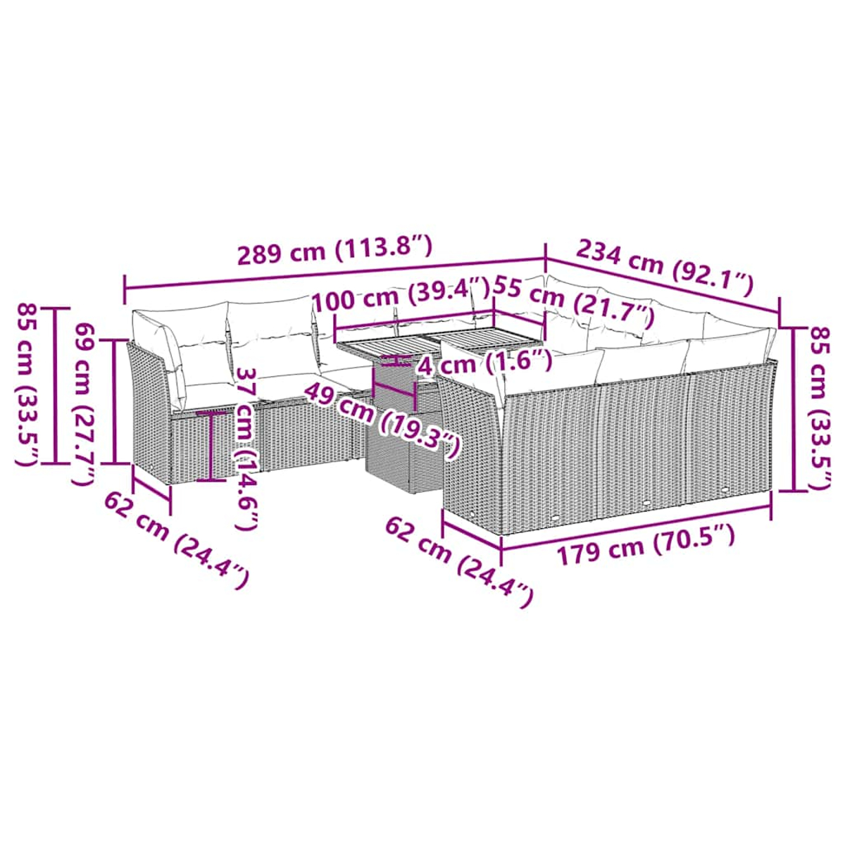 Diagramma di un divano componibile da esterno con dimensioni in cm e pollici. Il divano è in vimini.