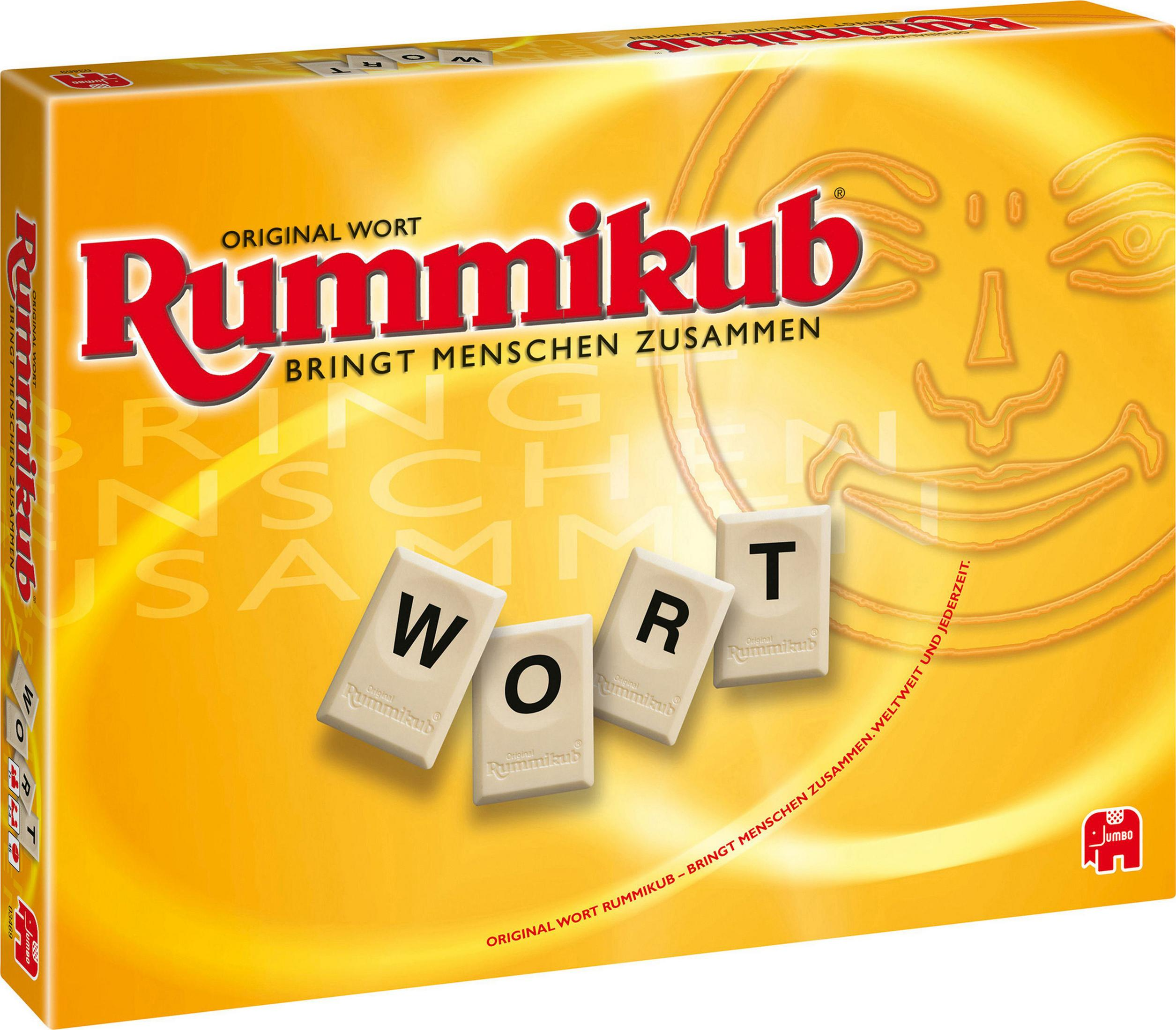 Eine RummiKubb-Spielschachtel mit Spielsteinen, die 'WORT' buchstabieren. Gelber Hintergrund mit Logo und Text.