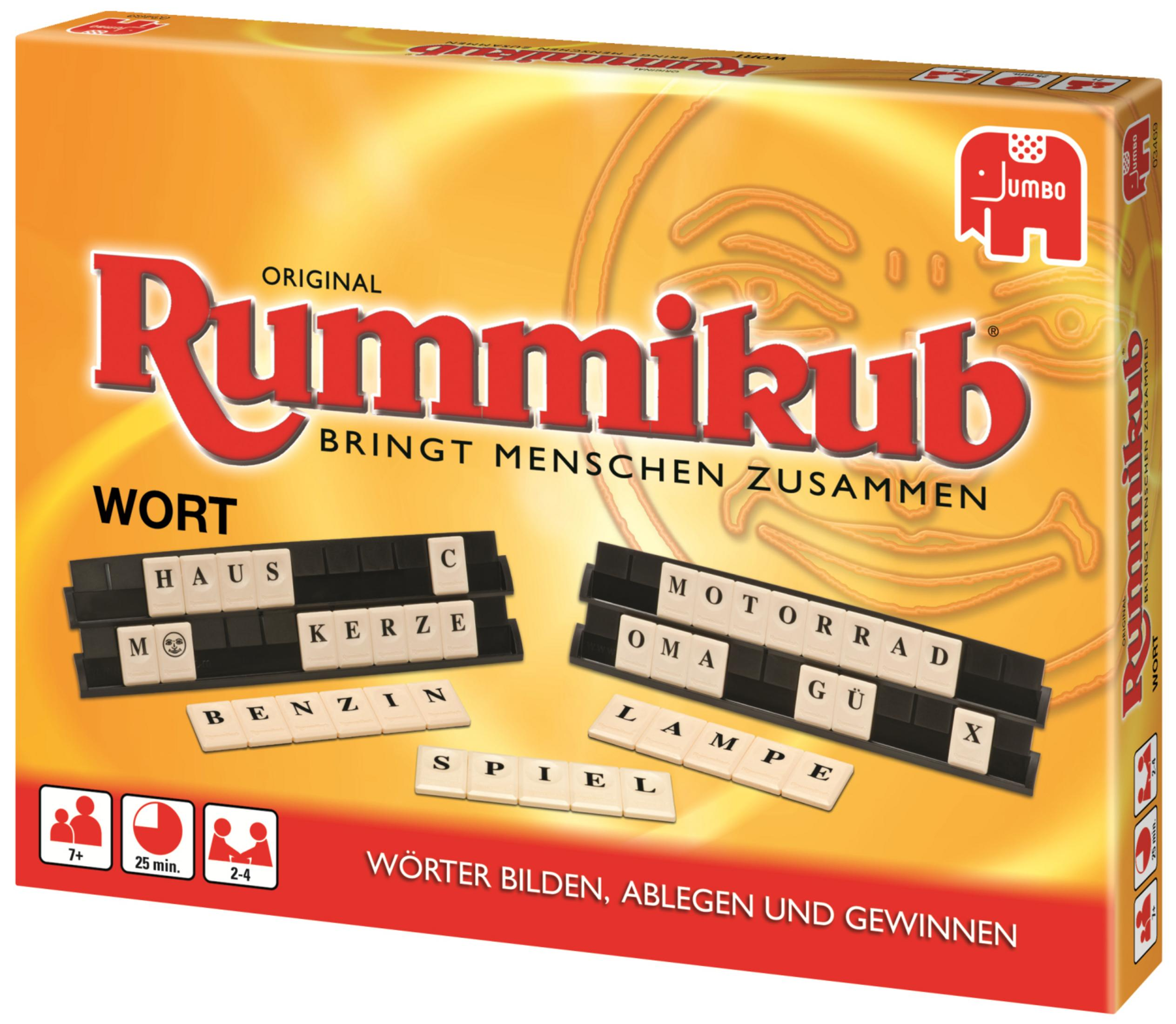 Schachtel des Rummikub-Spiels mit Kacheln, die Wörter auf der Schachtel bilden, mit Logo.