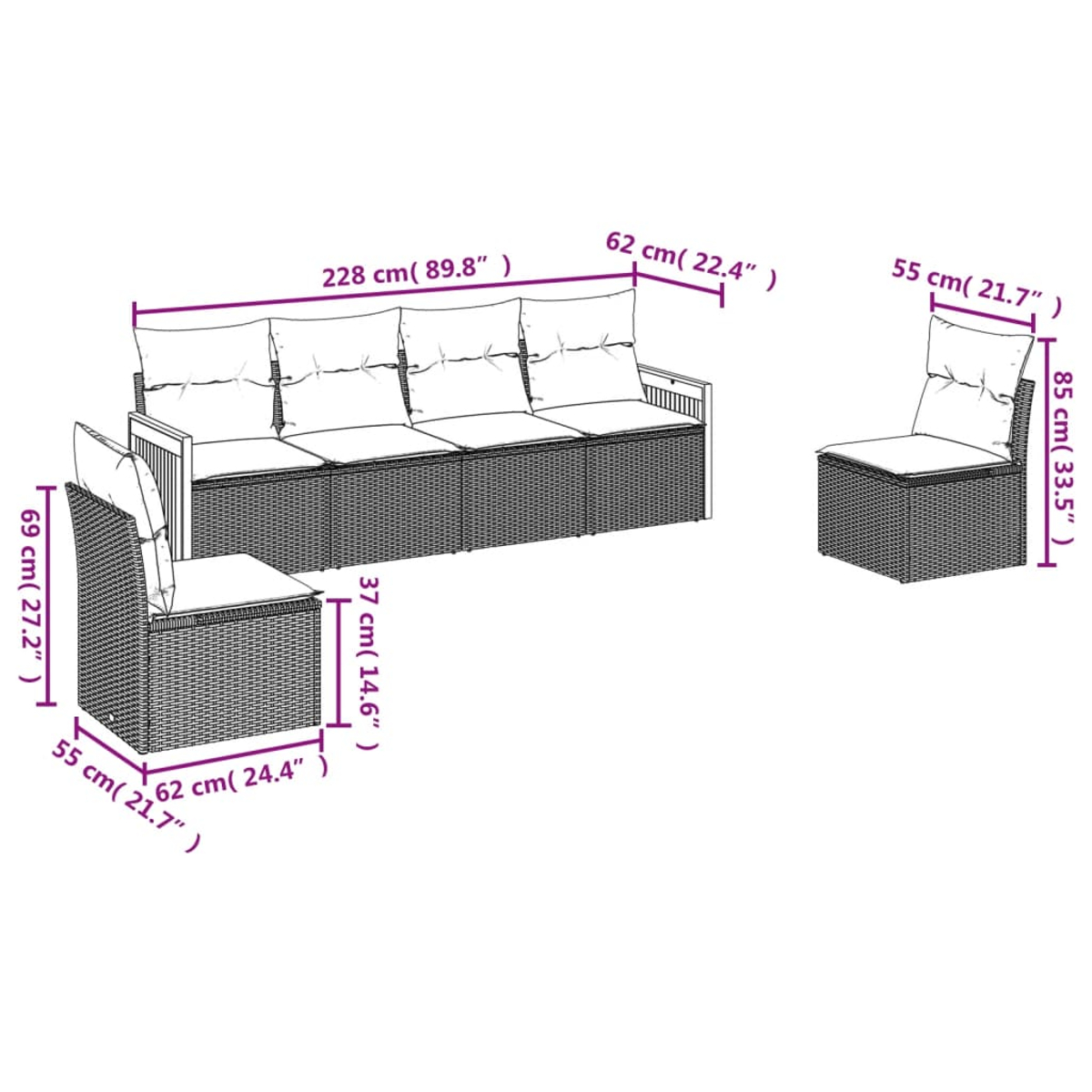 Un diagramma delle dimensioni dei mobili da esterno, tra cui un divano e una sedia.