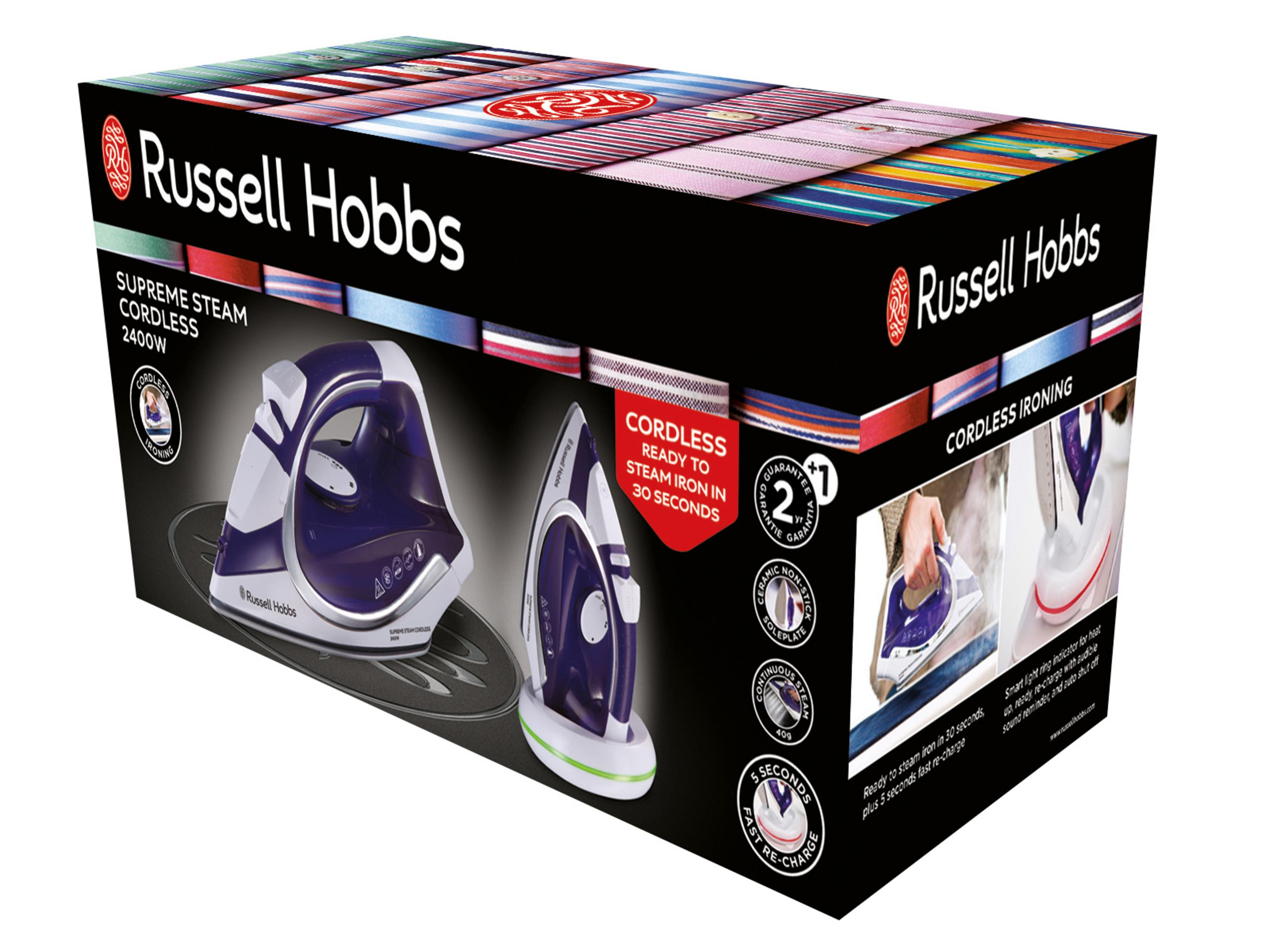 Pudełko żelazka Russell Hobbs, pokazujące żelazko, podstawę i funkcje. Pudełko jest czarne.