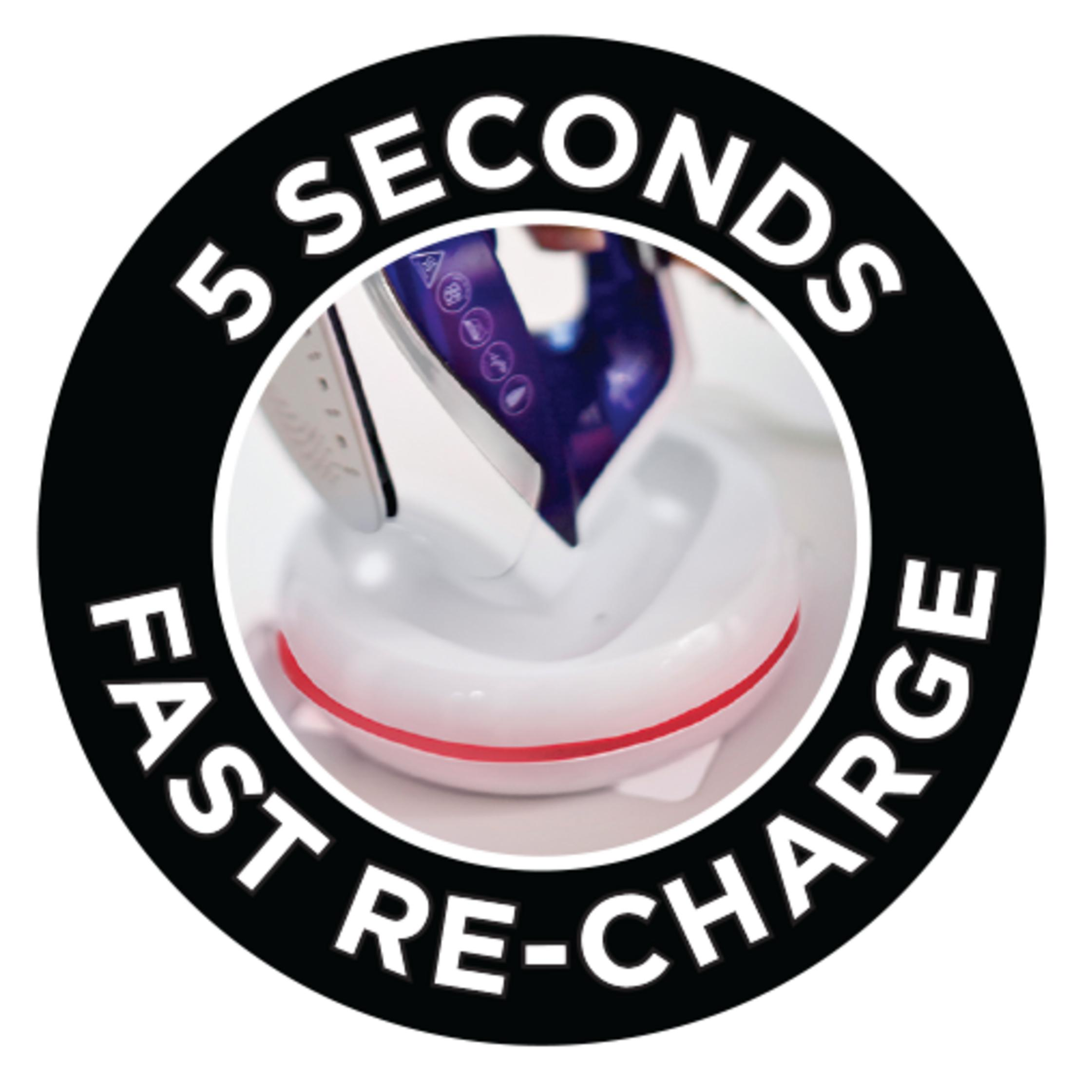 Żelazko na stacji ładującej z tekstem: 5 SEKUND SZYBKIE ŁADOWANIE.