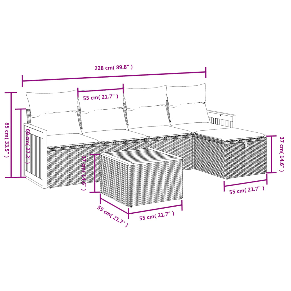 Ein Ecksofa mit Maßangaben in cm. Das Sofa ist aus dunkelbraunem Korbgeflecht.