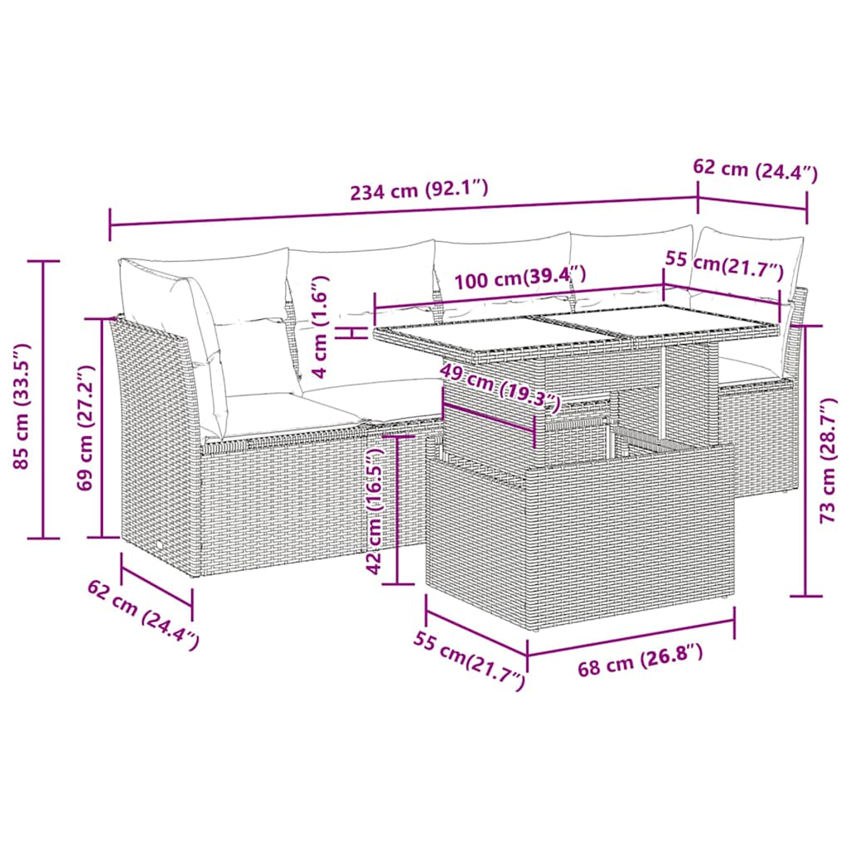 Diagramma con le dimensioni di un set di divani in vimini con un tavolo. Misure in cm e pollici.