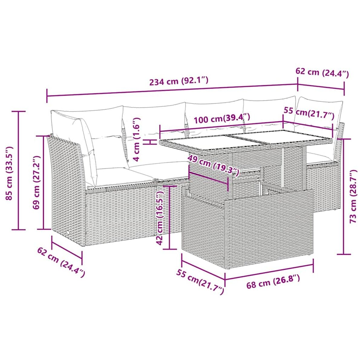 Diagramma con le dimensioni di un set di divani in vimini con un tavolo. Misure in cm e pollici.