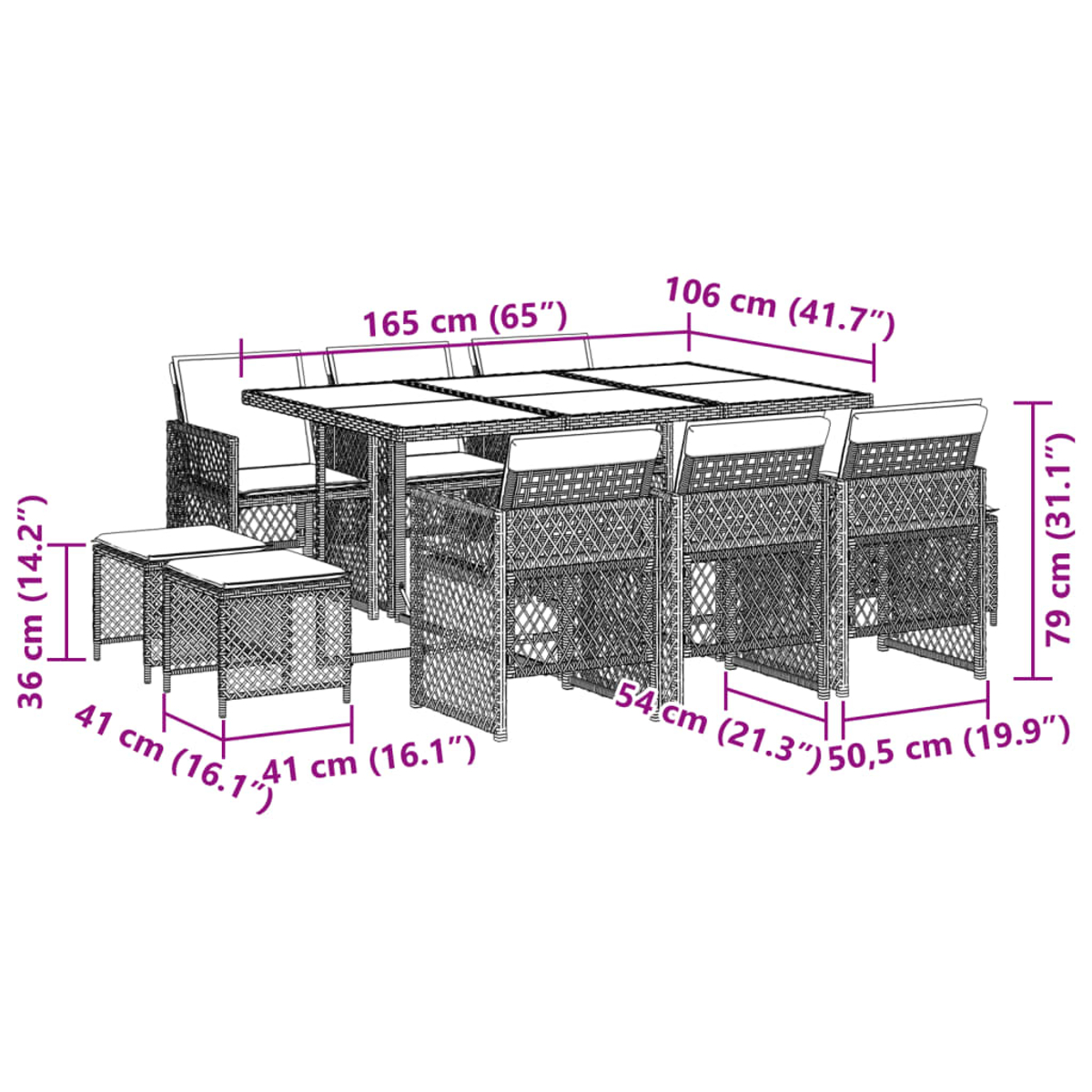 Diagramm mit den Abmessungen eines Korbtisch- und Stuhlsets. Maße in cm und Zoll.