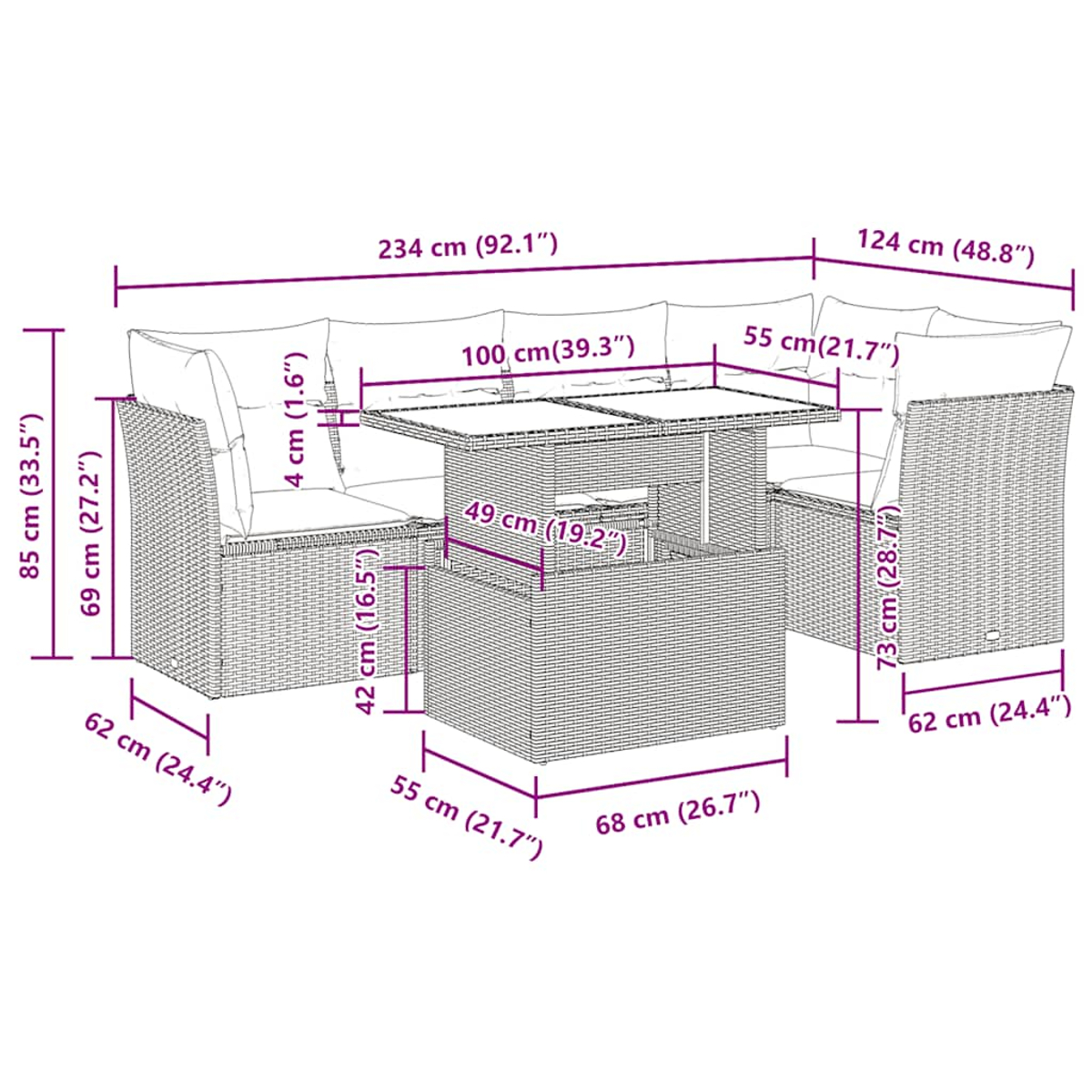 Ein Terrassenset mit Tisch und zwei Sofas. Messungen sind auf dem Bild beschriftet.