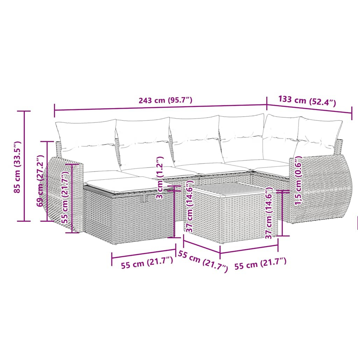 Dimensioni dettagliate di un set di mobili da esterno in rattan, comprese le dimensioni di divano e tavolo, in cm e pollici.