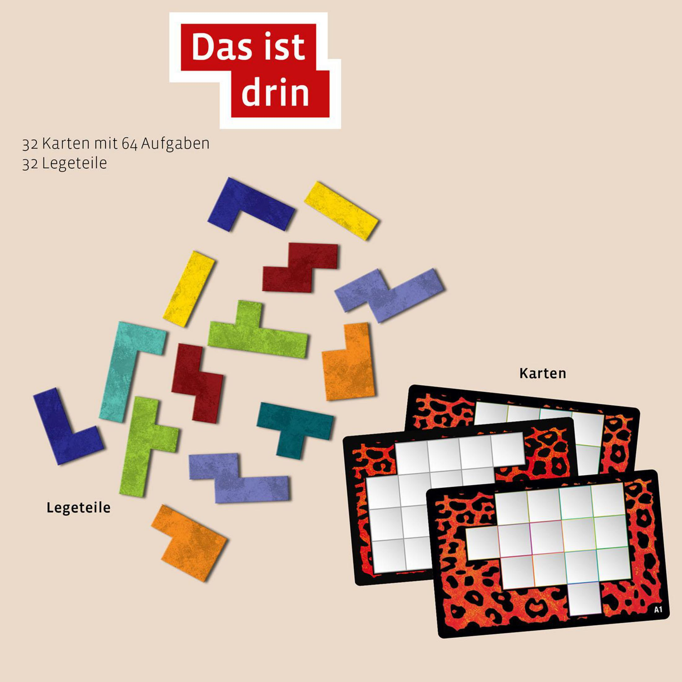 Un gioco da tavolo con pezzi di puzzle e carte. Il testo dice 'Das ist drin' e 'Karten'.