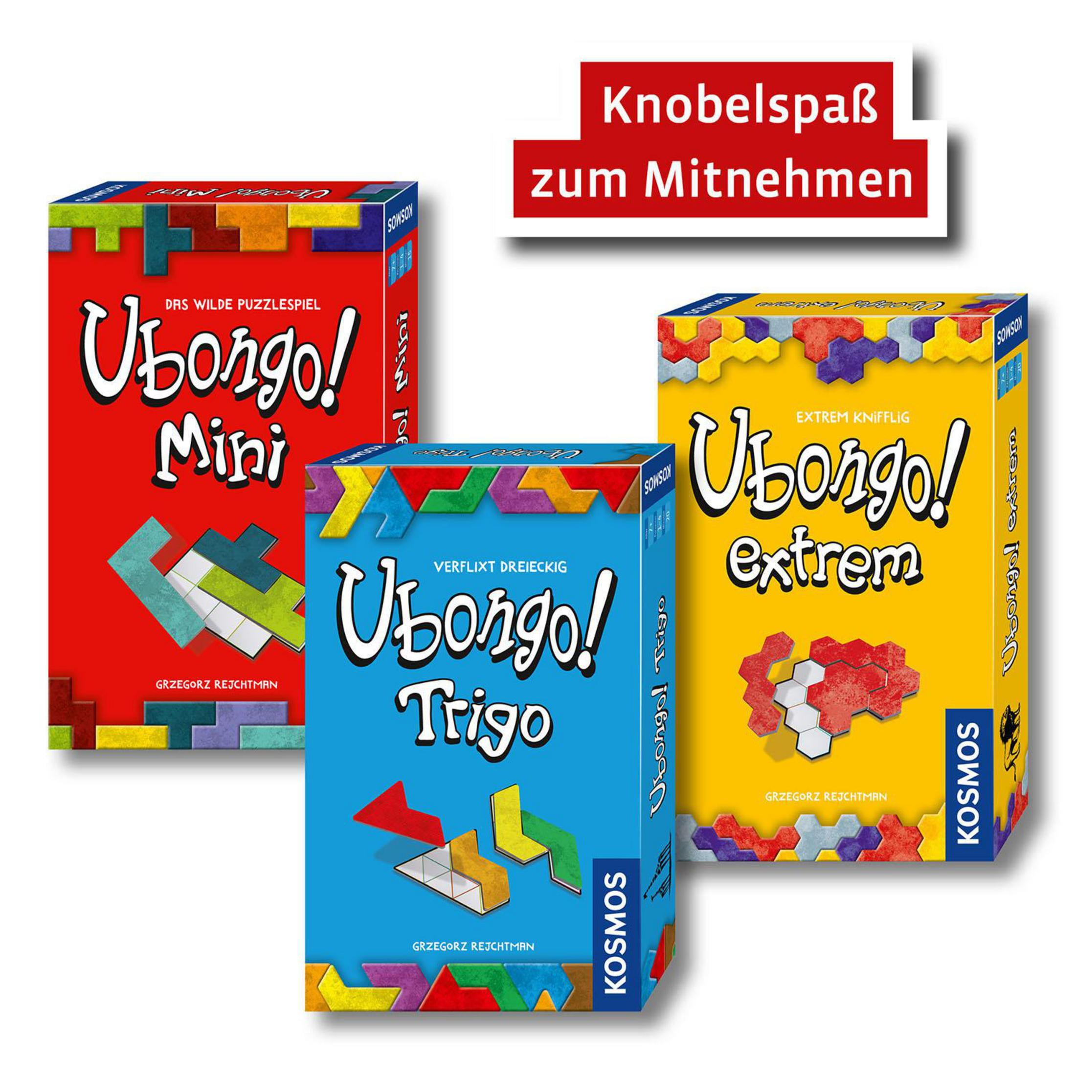 Tre scatole di gioco 'Ubongo!'. Le scatole sono rosse, blu e gialle, con testo.