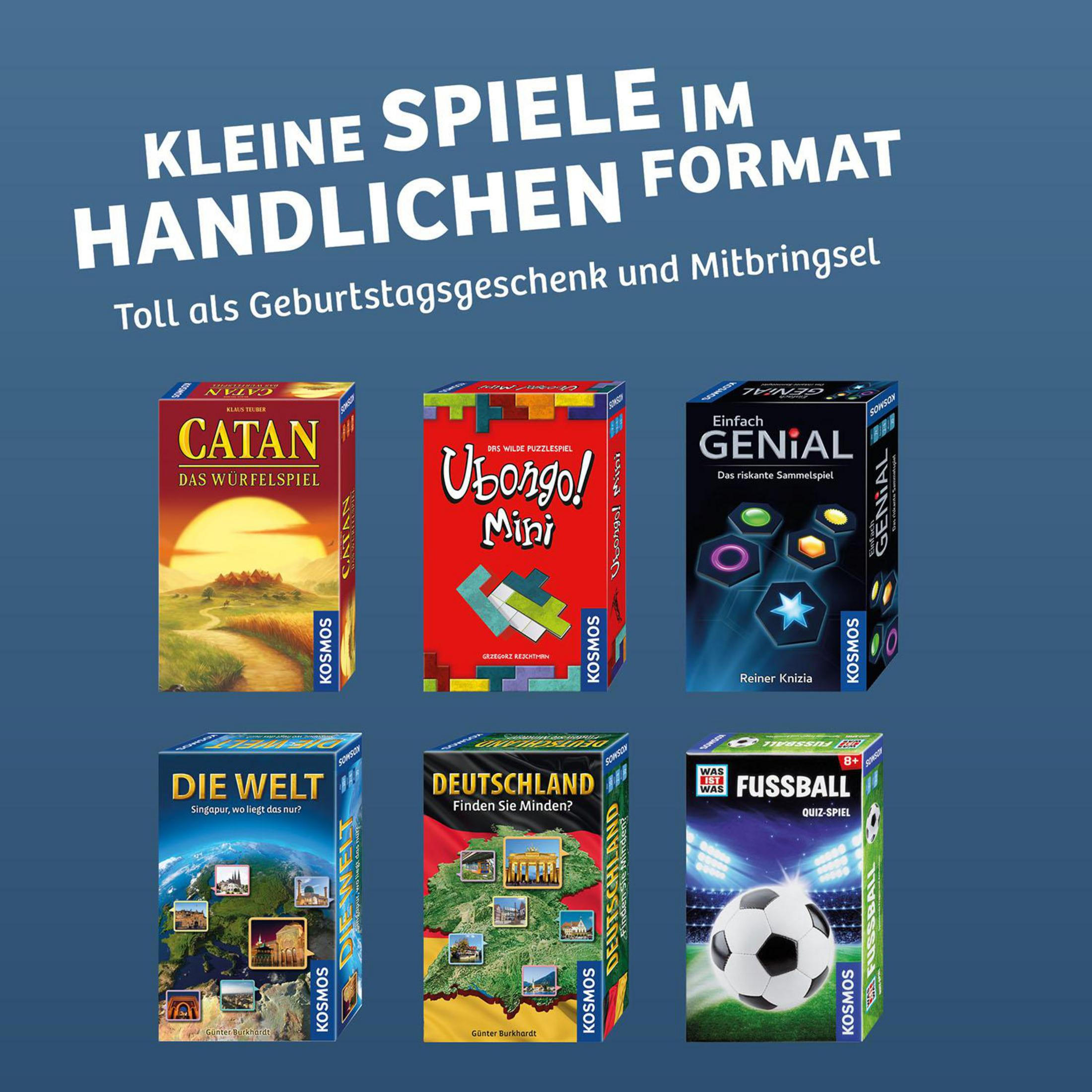 Scatole di giochi con testo. 'CATAN', 'Ubongo!' e 'GENIAL' sono visibili.