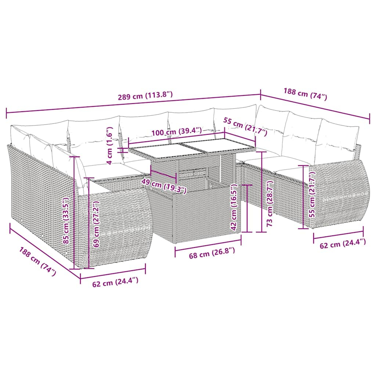 Diagramma di un grande divano componibile da esterno. Le dimensioni sono indicate.