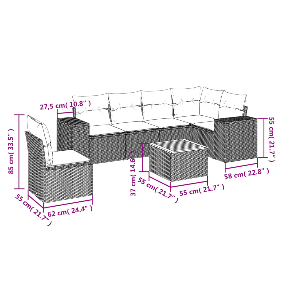Geflochtenes Outdoor-Ecksofa-Set mit Tisch. Kissen sind weiß. Weißer Hintergrund, Maße beschriftet.