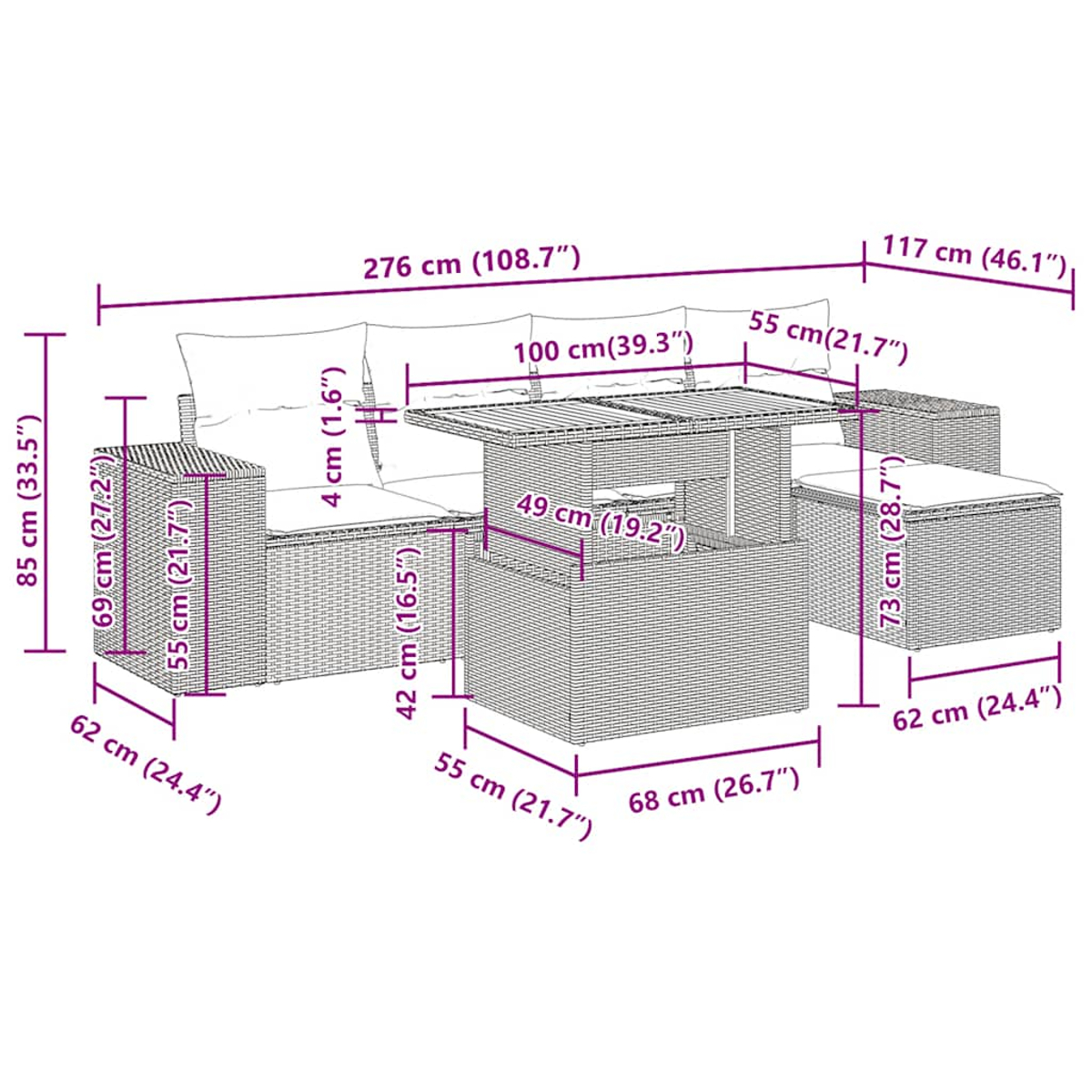 Set di mobili da esterno con dimensioni. Include un divano, un tavolo e un pouf.