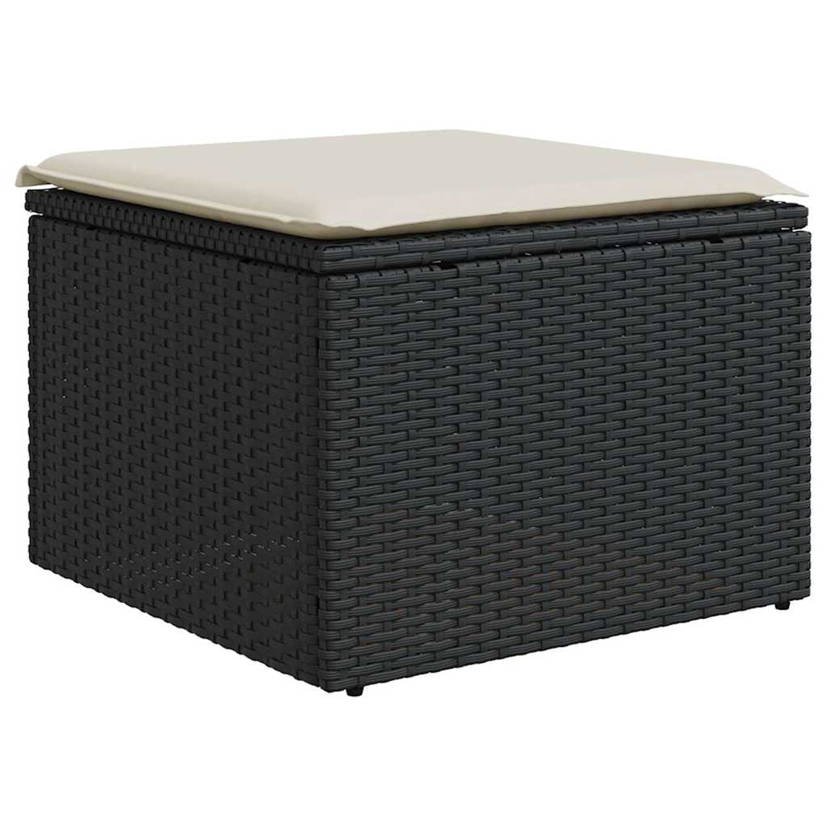 Pouf contenitore intrecciato marrone scuro con cuscino beige. Forma quadrata.