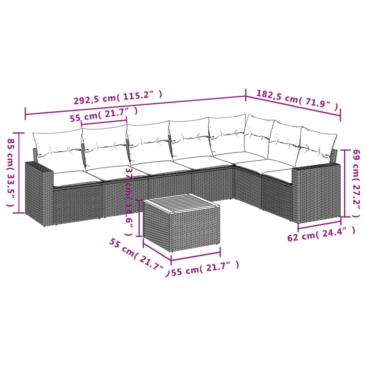 Geflochtenes Outdoor-Ecksofa und Tisch mit Maßangaben.