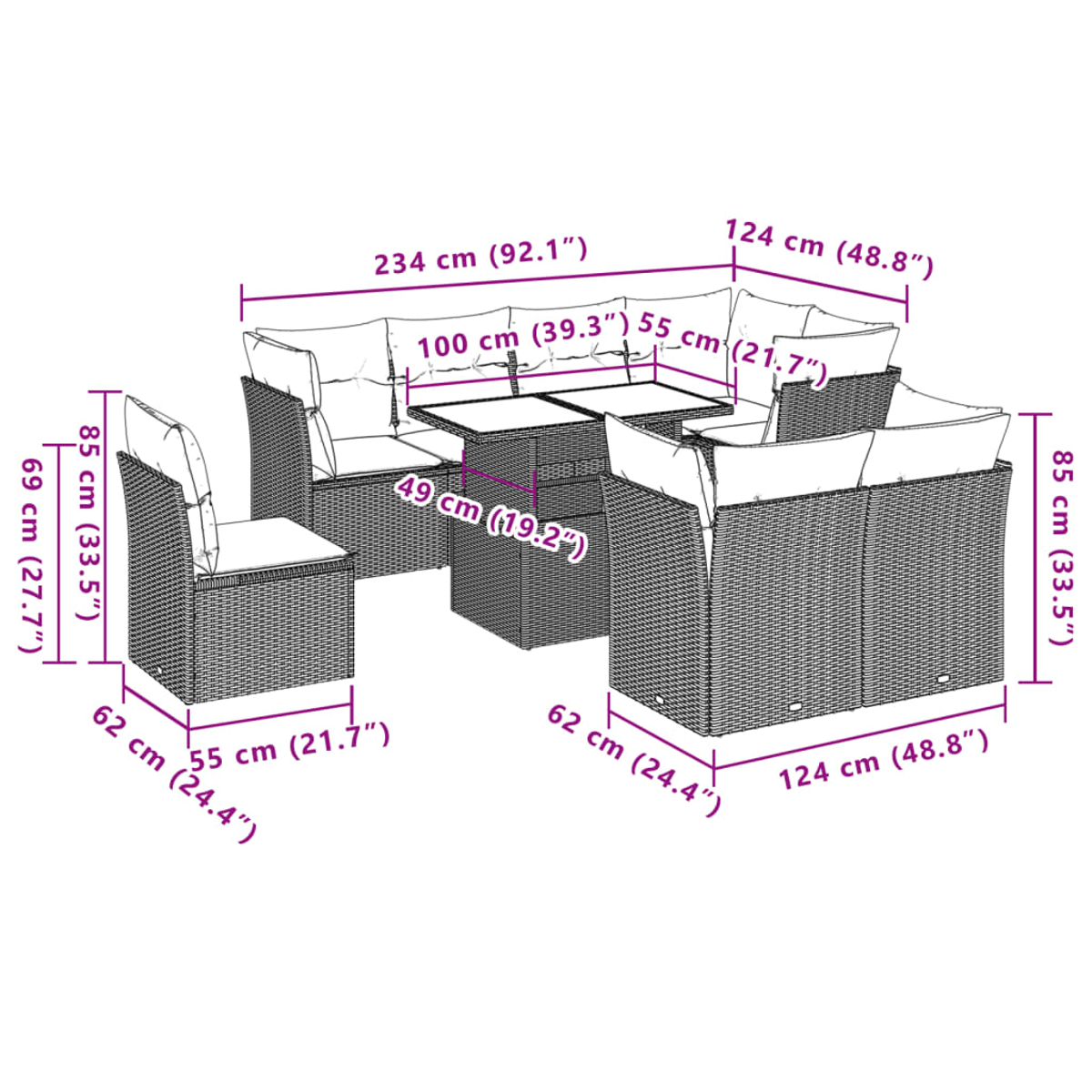 Strichzeichnung eines Rattan-Terrassenmöbelsets mit Tisch und Stühlen, mit Abmessungen. Weißer Hintergrund.