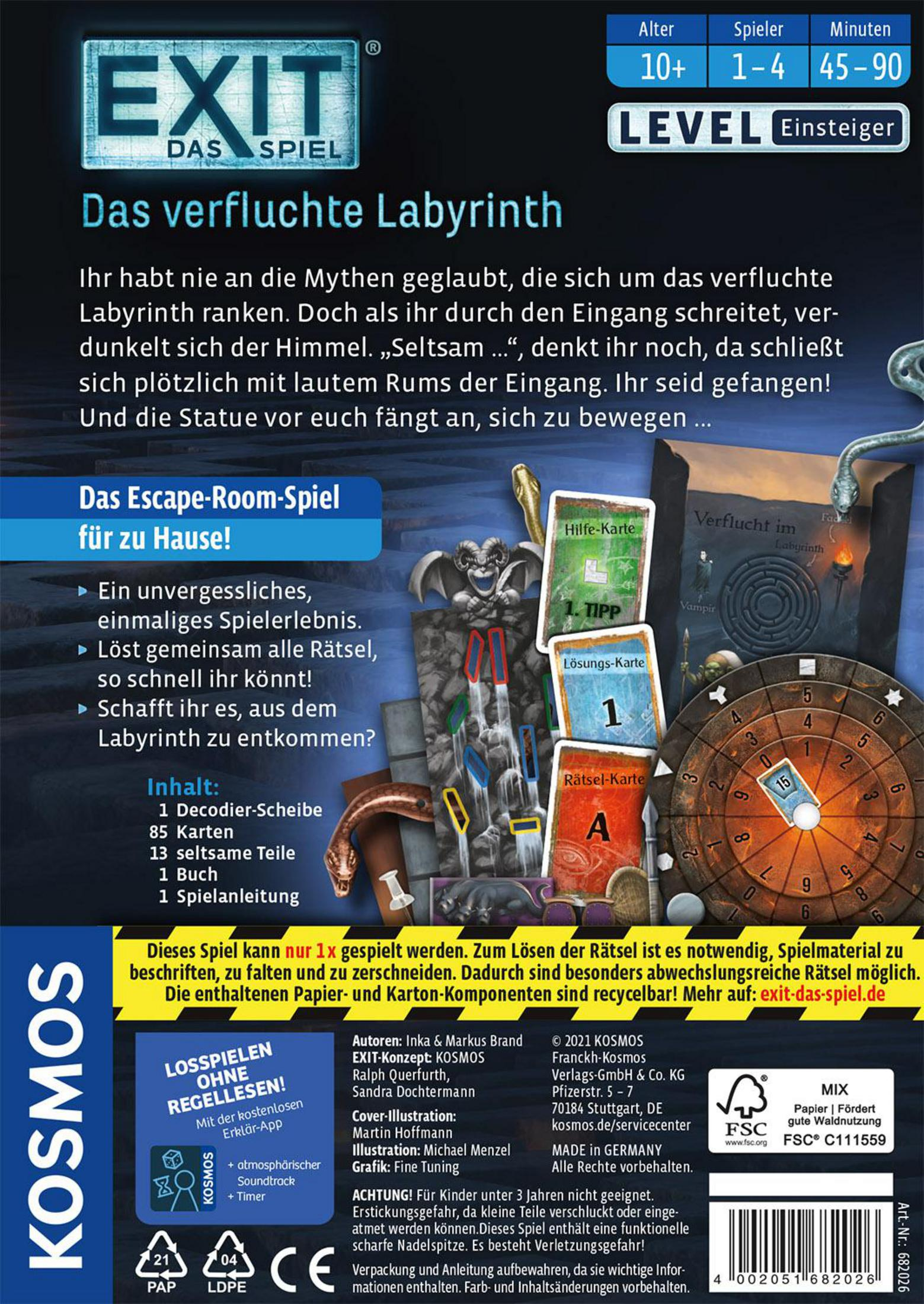 Karton einer EXIT-Brettspielbox mit Text und Illustrationen auf weißem Hintergrund.