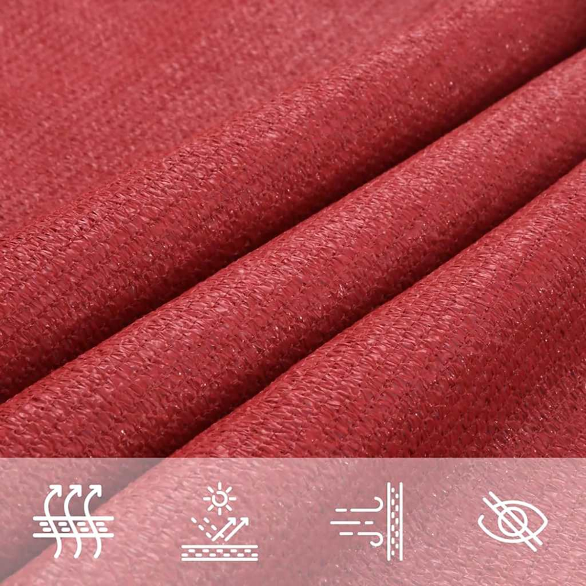 Primo piano del tessuto della tenda parasole rossa con icone di protezione da vento, acqua e sole.