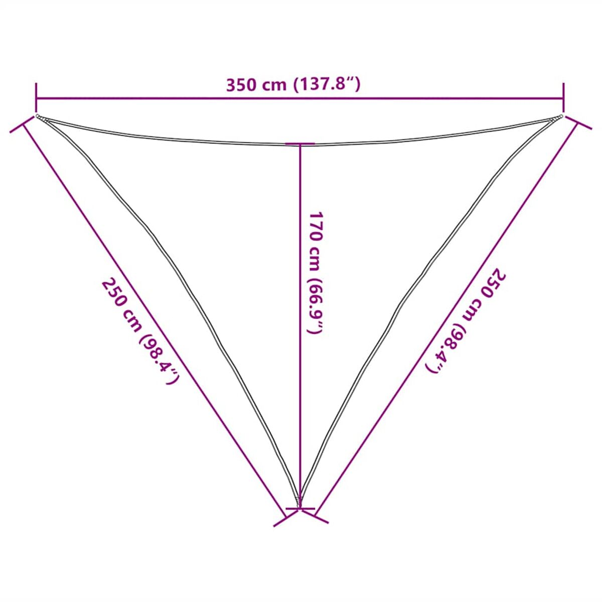 Una vela solare triangolare, con dimensioni espresse in centimetri. La vela è bianca.