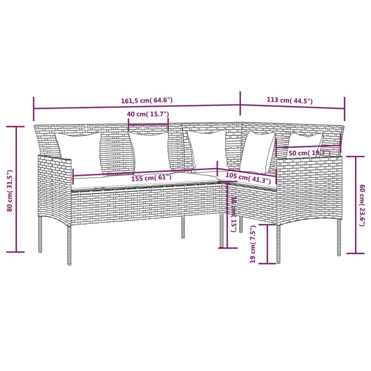 Ein Rattansofa mit weißen Kissen, mit beschrifteten Abmessungen. Das Sofa ist hellbraun.