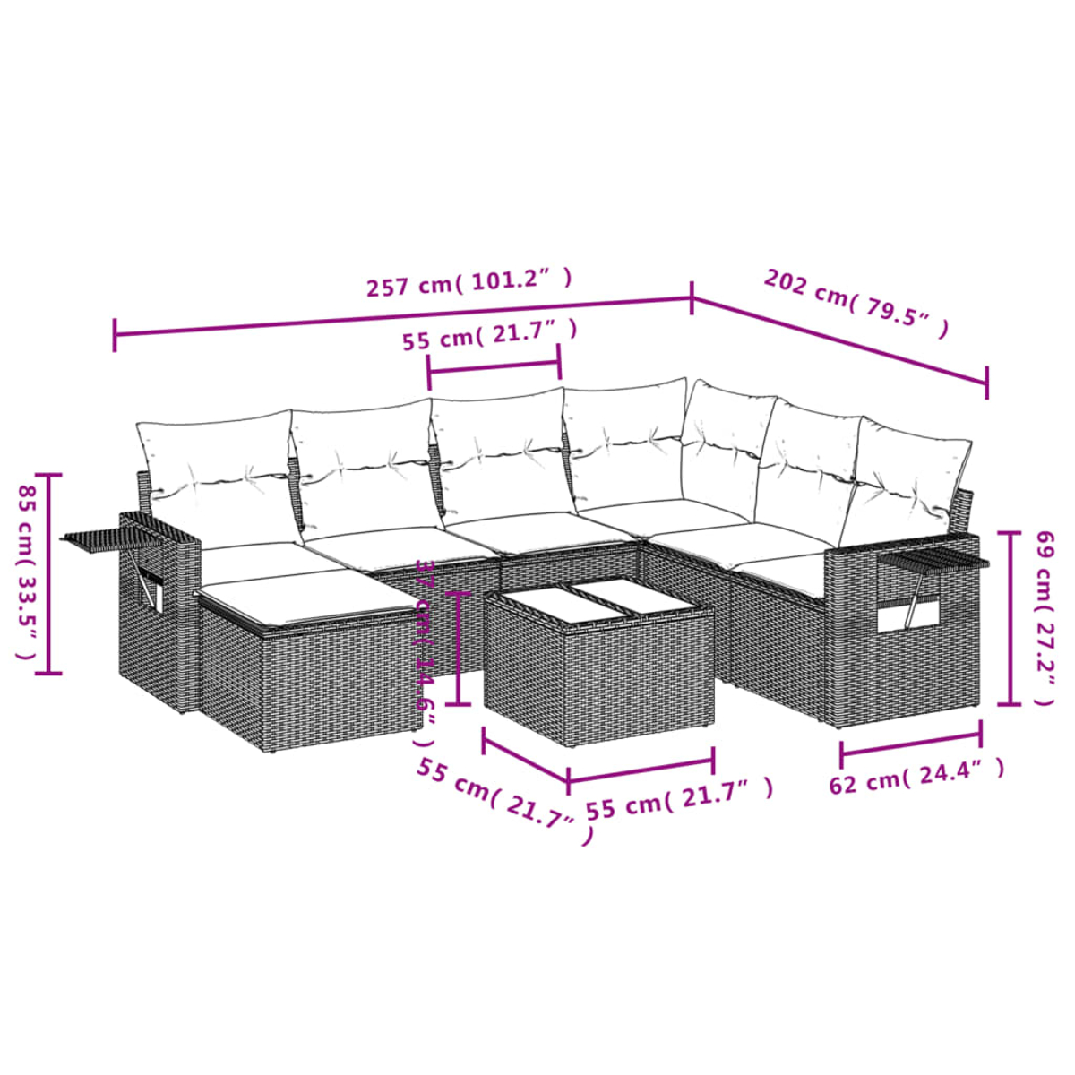 Diagramma che mostra le dimensioni di un set di divani angolari in vimini.
