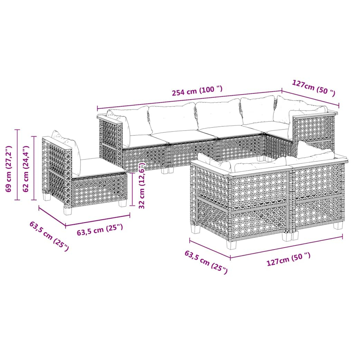 Diagramma che mostra le dimensioni del set di mobili da esterno in vimini con cuscini bianchi.