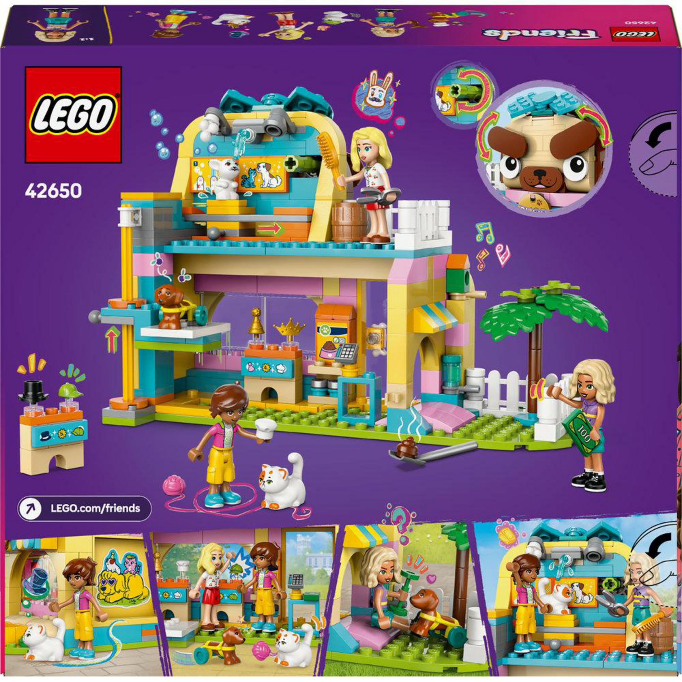 Parte trasera de la caja LEGO Friends Pet Accessories Shop. Muestra figuras, detalles y escenas.