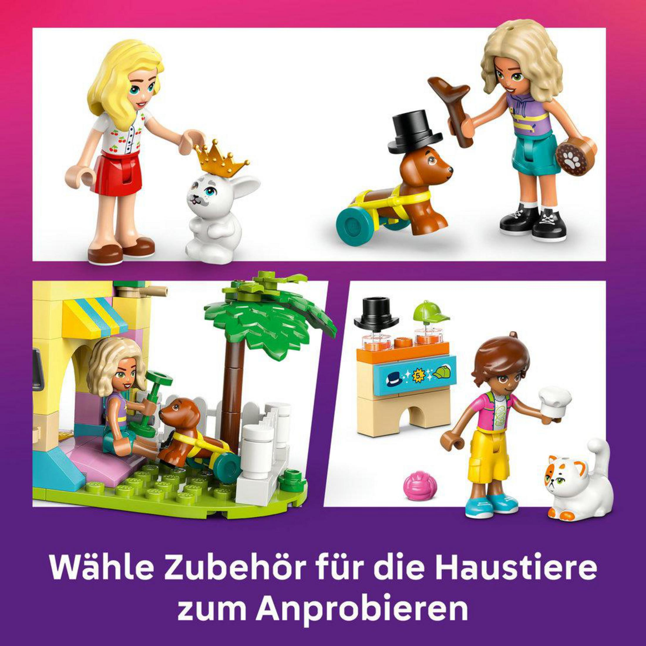 Figurki LEGO Friends ze zwierzętami i akcesoriami na fioletowym tle. Różne konfiguracje.