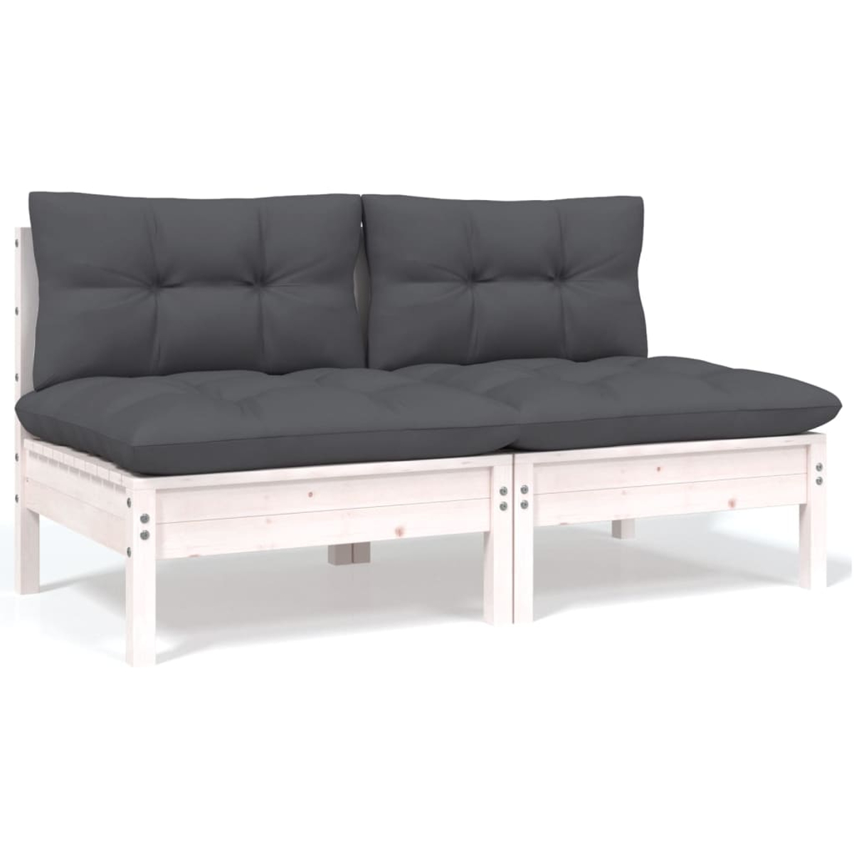 Divano in legno bianco con due grandi cuscini grigi. Design semplice.