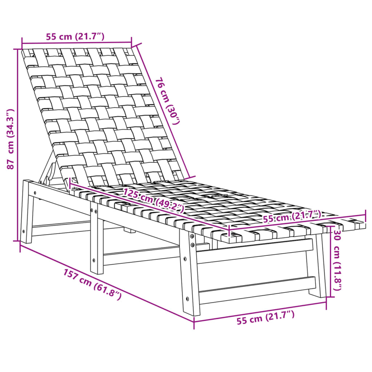 Una chaise longue in legno per esterni, con misure visualizzate, su sfondo bianco.